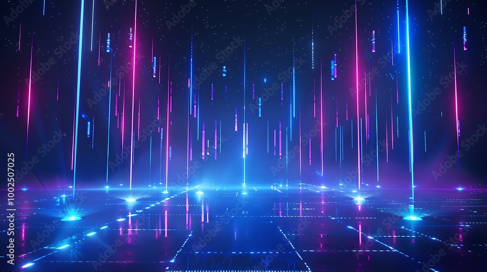 Aufkleber futuristic digital landscape with vibrant neon lights and glowing grid patterns, creating a sense of