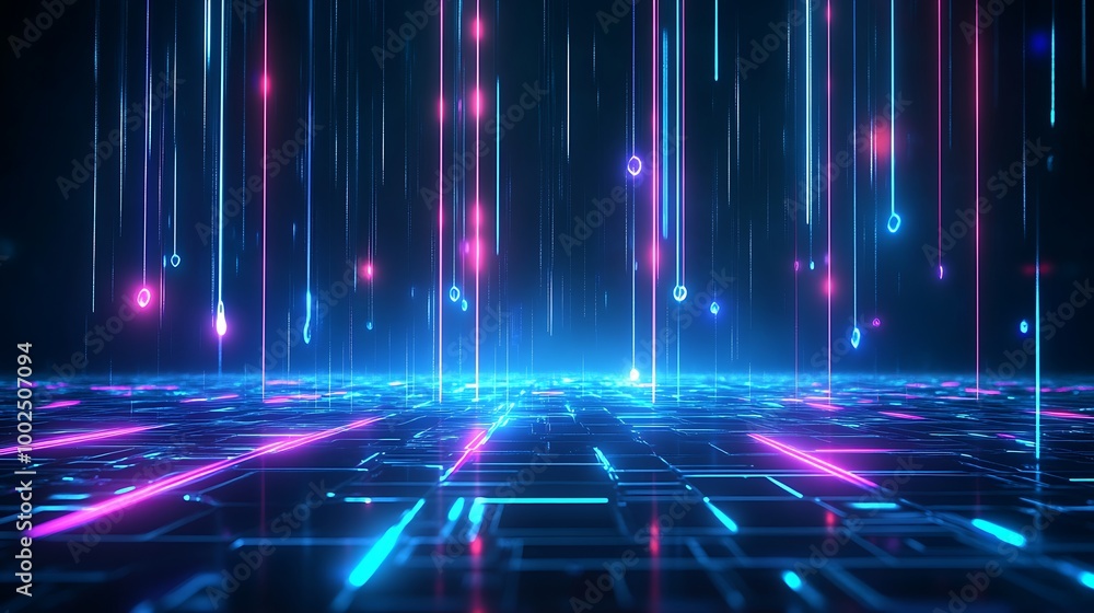 Poster futuristic digital landscape with vibrant neon lights and grid patterns, creating an immersive techn
