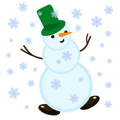 Happy holiday Snowman with green hat. Vector illustration of snowman with christmas ball. Vector composition with cute happy snowman and snowflakes