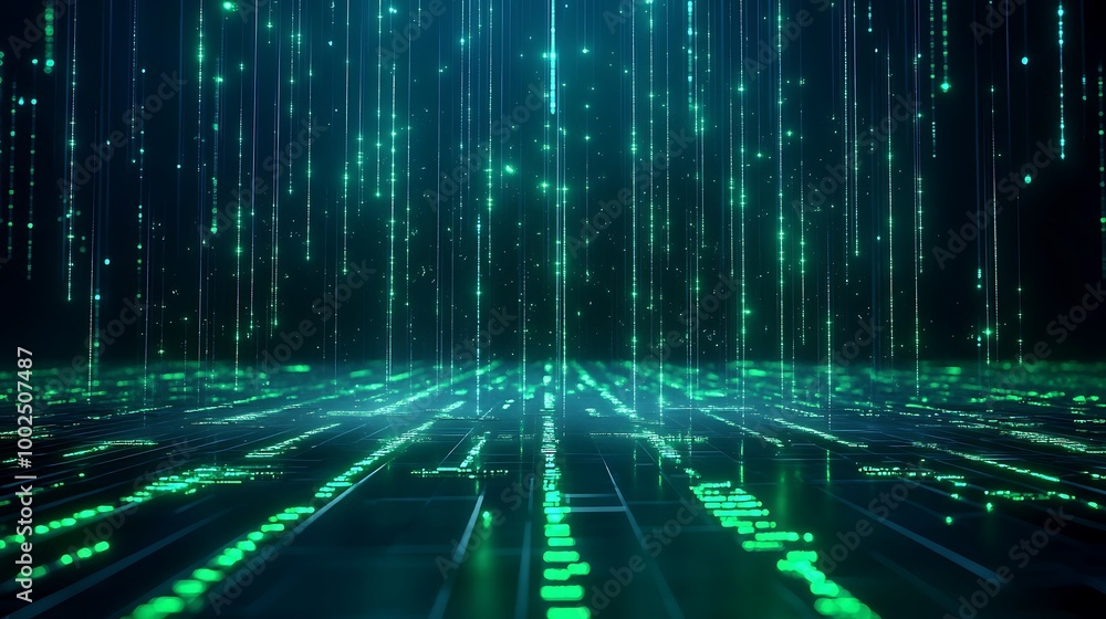 Poster futuristic digital matrix with glowing green data streams and lines on a dark background.