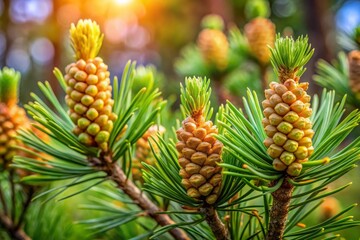 Fototapeta premium Fresh Young Pine Cone Buds on Branches in Natural Forest Setting, Springtime Growth and Renewal