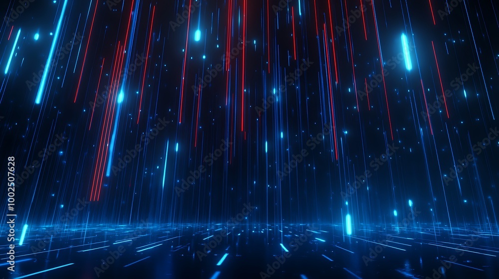 Poster futuristic digital rain with blue and red lights creating an abstract background.