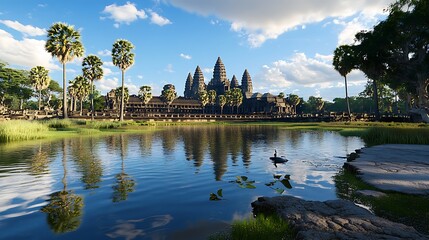 Angkor Wat Temple Reflection in Water  Palm Trees  Blue Sky  Clouds