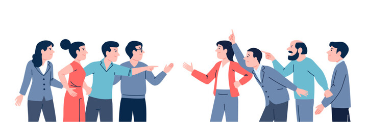 People group in conflict. Arguing between colleagues, aggressive business groups. Women man gesturing shouting, disputing and confrontation, recent vector scene