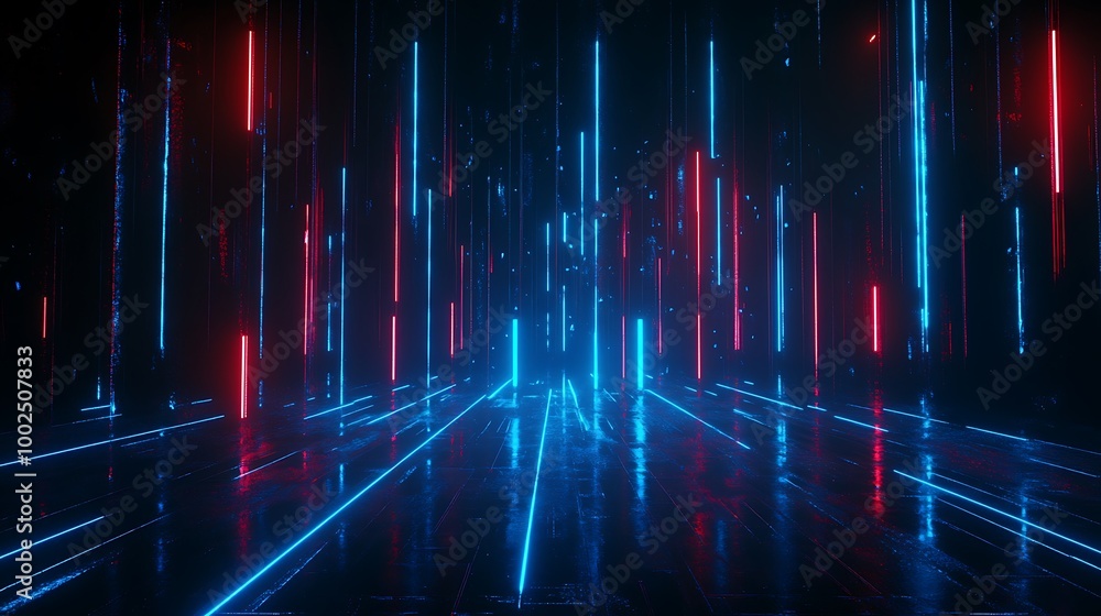 Poster futuristic digital space with glowing blue and red light beams creating a high-tech atmosphere.