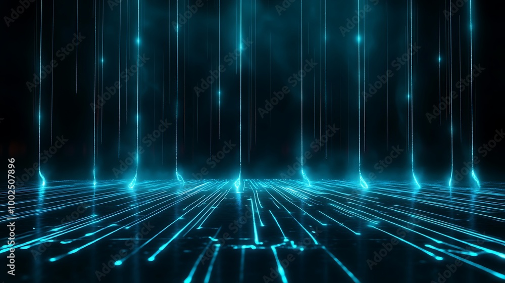 Poster futuristic digital space with glowing lines and lights, creating a mesmerizing abstract background.