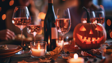 Halloween-themed party scene with illuminated jack-o'-lantern, wine glasses, and bokeh lights in the background