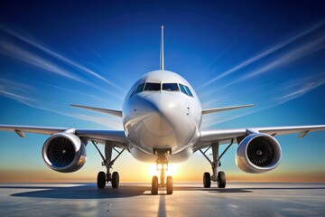 Naklejka premium Front view of a commercial aircraft against a clear blue sky, showcasing aviation and travel themes