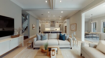 Modern Living Room with White Sofa and Kitchen View