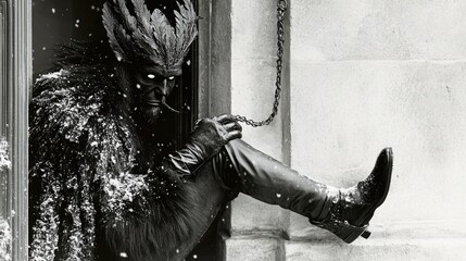 Krampus Holding Chain and Bundle of Sticks, Glowing Eyes in the Dark, Snowflakes Swirling, Children’s Shoes by the Door