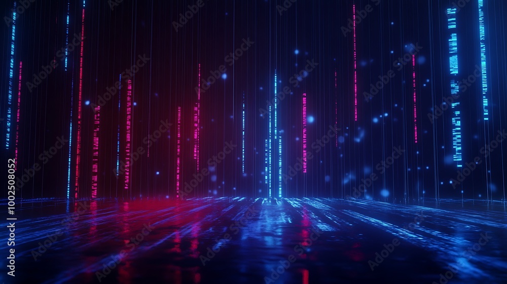 Poster futuristic digital space with vibrant blue and red data streams, creating an immersive high-tech atm