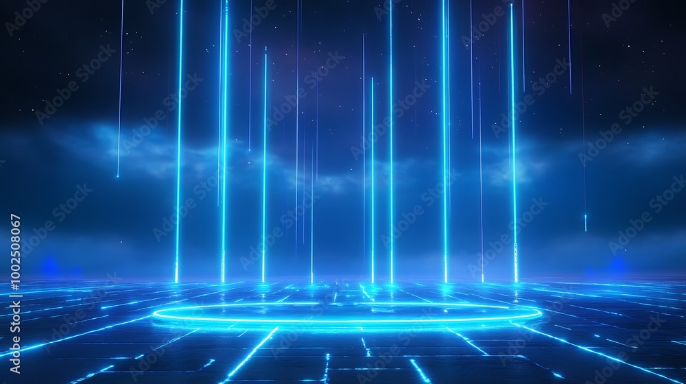 Poster futuristic digital stage with glowing blue lights and grid pattern, perfect for sci-fi and tech-them