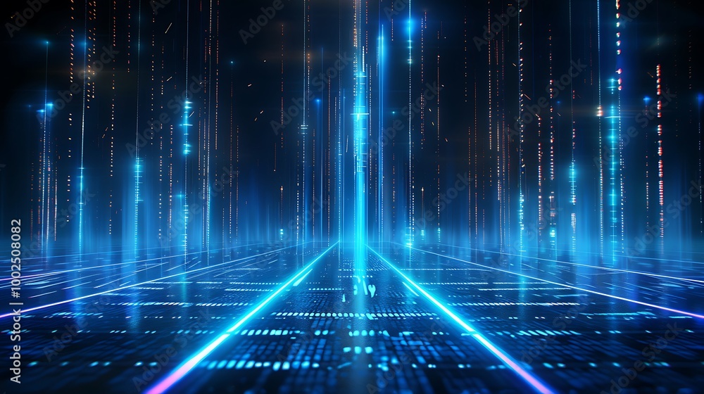 Poster futuristic digital tunnel with glowing blue lines and data streams on a dark background.