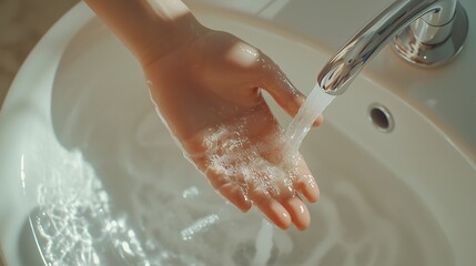 A hand opening a faucet in a clean bathroom, with water flowing gently into the palm. The background is predominantly white, creating a warm and inviting atmosphere. 