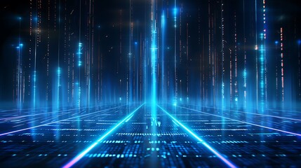 Futuristic digital tunnel with glowing blue lines and data streams on a dark background.