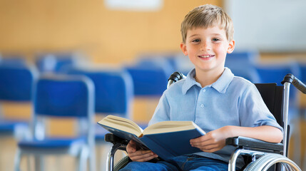 smiley disable child sitting in the wheelchair reading book in the classroom