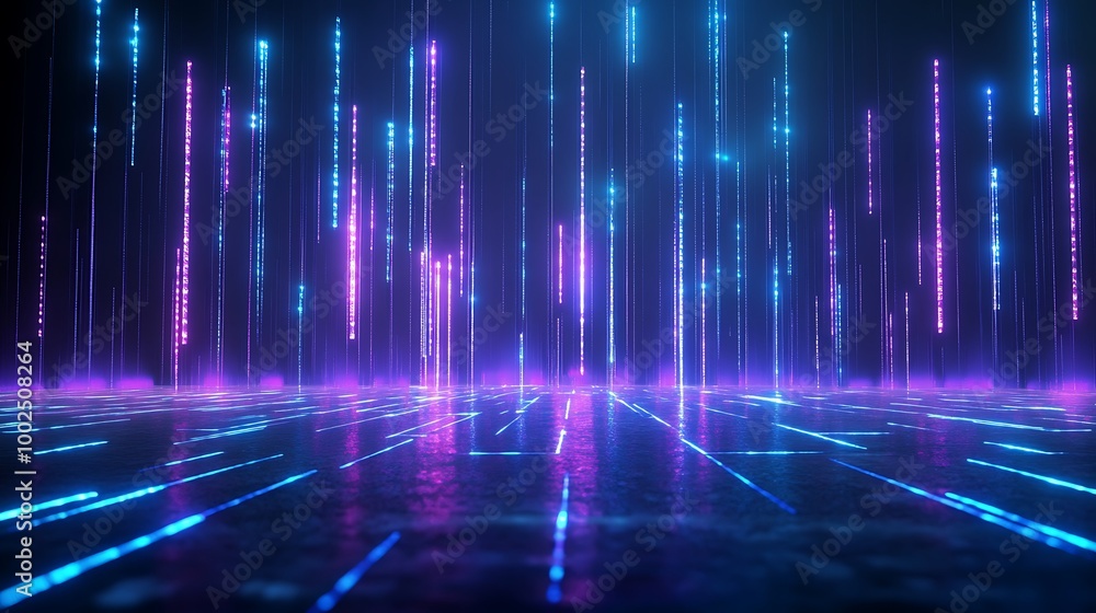 Poster futuristic glowing lines and patterns creating a mesmerizing digital landscape with vibrant colors.