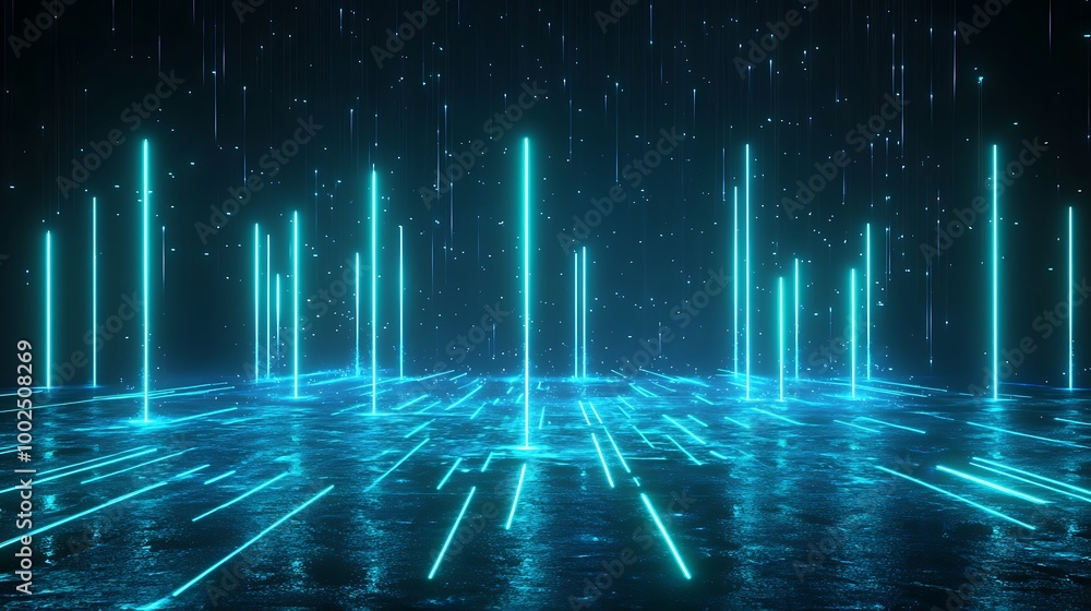 Aufkleber futuristic glowing neon lines create a virtual landscape with reflections in a digital space.