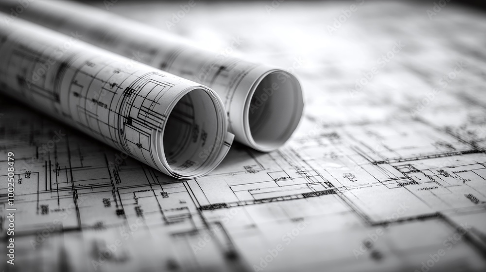 Poster architectural plans rolled and ready for implementation in the design of a construction project, wit