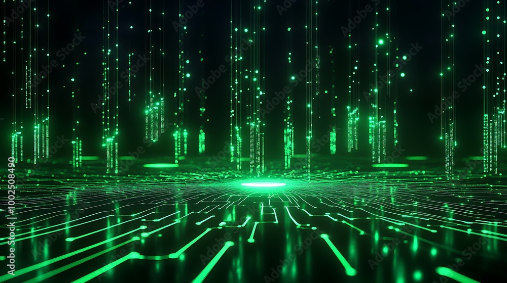 Poster futuristic green digital landscape with glowing data streams and matrix-like patterns.