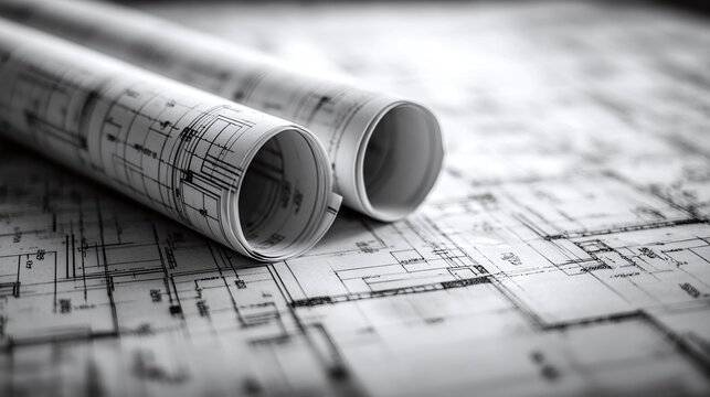architectural plans rolled and ready for implementation in the design of a construction project, with blueprints detailing building layouts and structures