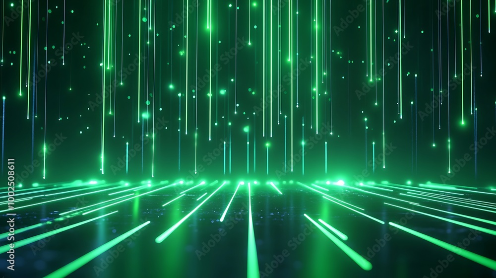 Poster futuristic green light beams and particles create a dynamic visual effect, ideal for technology-them