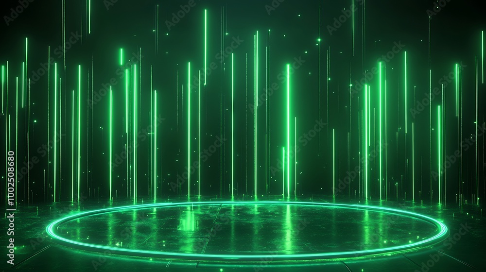 Poster futuristic green light beams radiating from a circular platform on a dark background, creating a sci