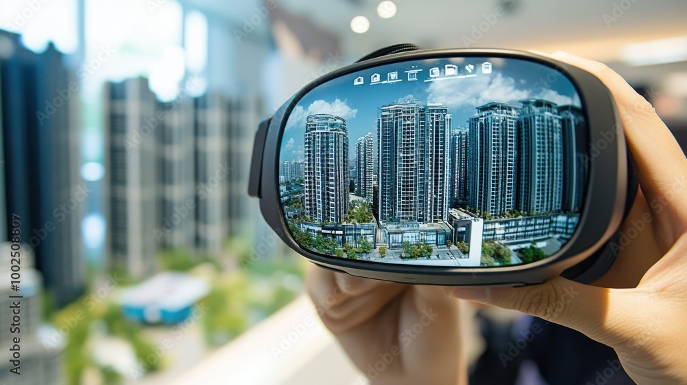 Poster a person viewing a virtual reality simulation of a modern cityscape
