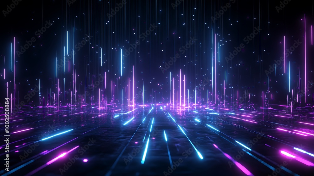 Poster futuristic landscape with vibrant neon lines and glowing particles, creating a digital environment o
