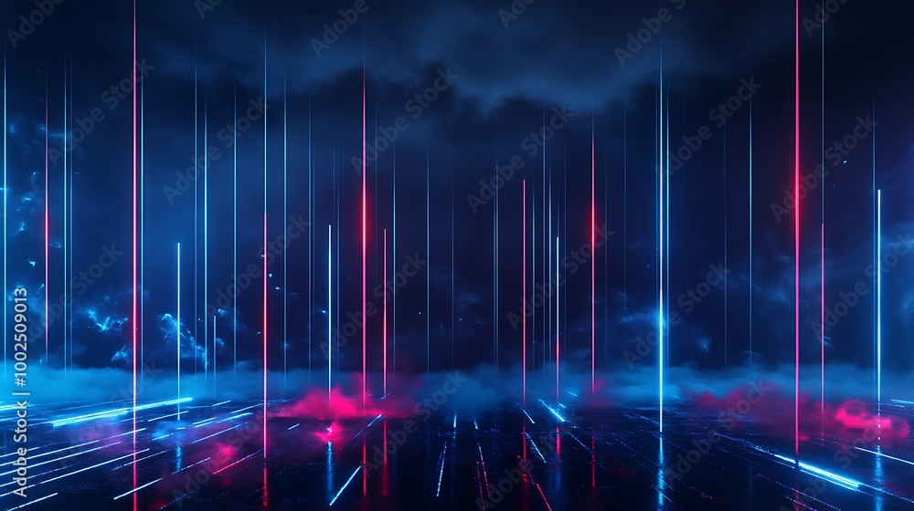 Poster futuristic light rays in blue and red colors create a dynamic digital landscape.