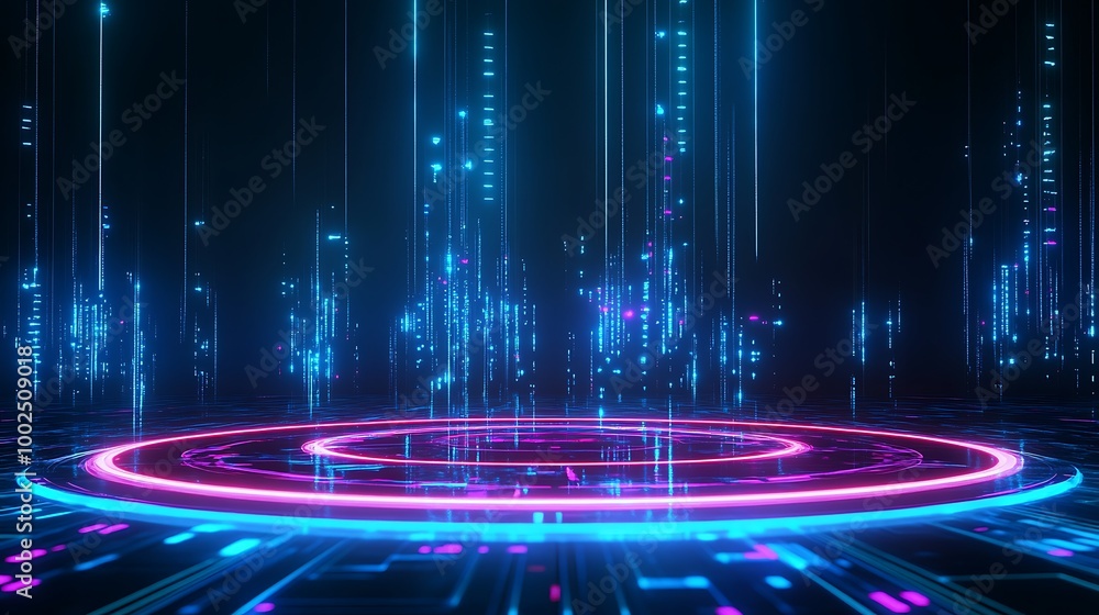 Poster futuristic light patterns and digital data flow create a vibrant abstract background.