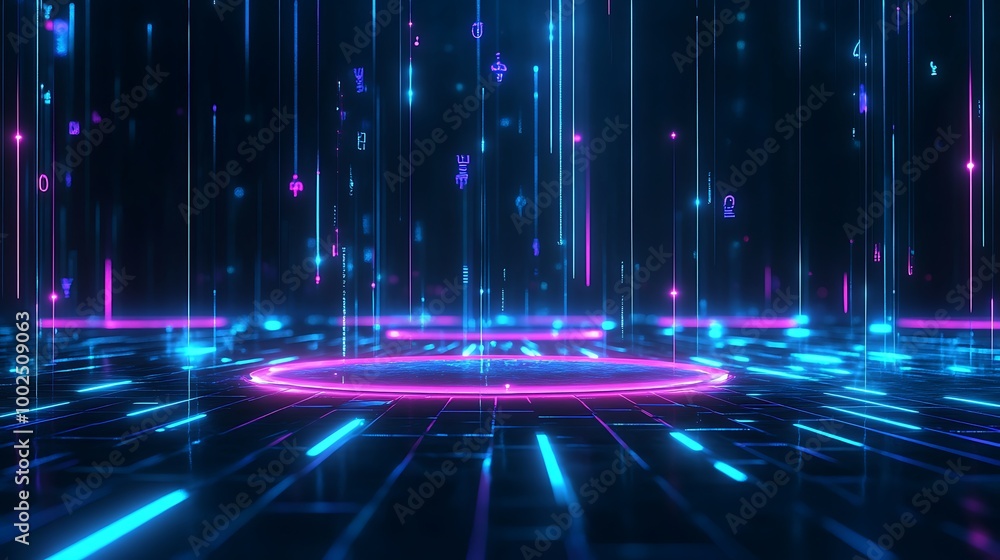 Poster futuristic neon abstract background with glowing lines and circular shapes on a dark surface.