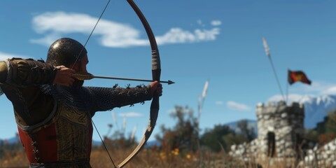 Medieval Archer Aiming at a Tower