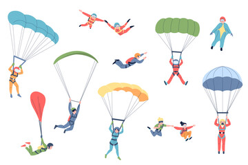 Skydiver characters. Professional skydivers jumping with parachutes. Extreme sport or recreation. Parachuting, flat skydiving recent vector set