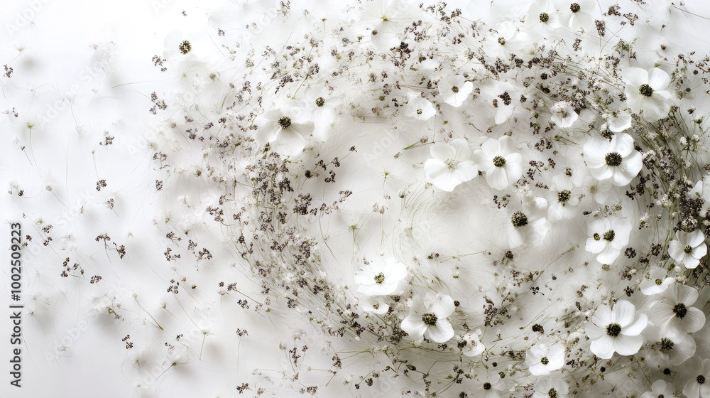 Poster mesmerizing swirling trails of tiny flowers, creating a beautiful abstract floral pattern on a pure 