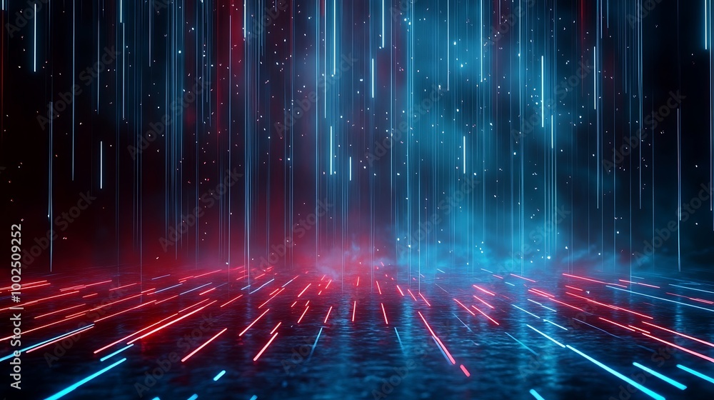 Poster futuristic neon background with red and blue glowing lines against a dark backdrop, creating a dynam