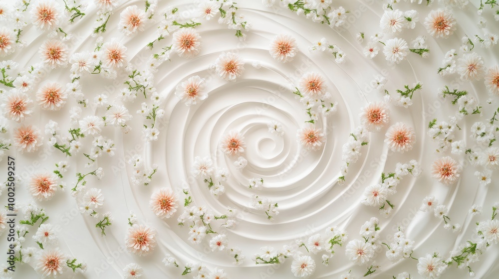 Poster mesmerizing swirling trails of tiny flowers, creating a beautiful abstract floral pattern on a pure 