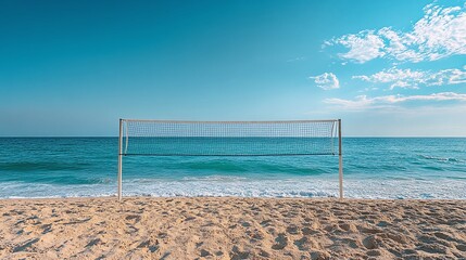 volleyball net on a sandy beach court by the seashore, ready for a fast-paced game or fitness activity, creating the perfect seaside experience