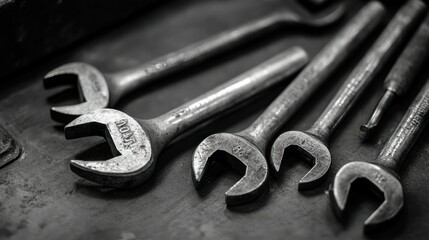 A Close-Up View of Various Wrenches on a Dark Surface
