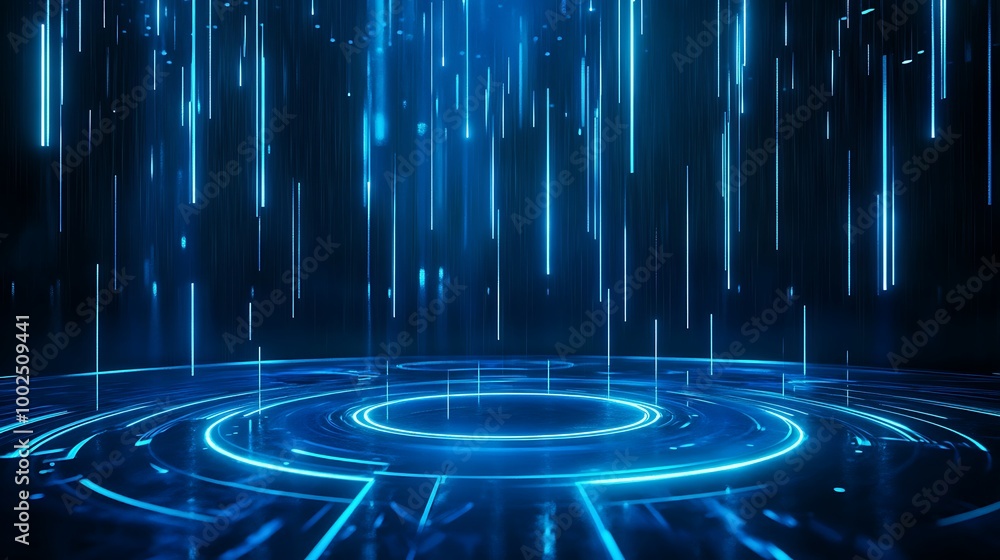 Poster futuristic neon blue digital backdrop with glowing lines and circular patterns, perfect for tech-the