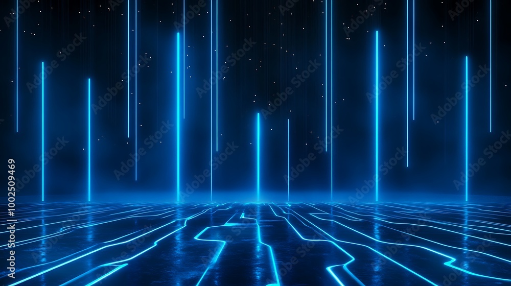 Poster futuristic neon blue lines and patterns against a dark background, creating a digital sci-fi atmosph