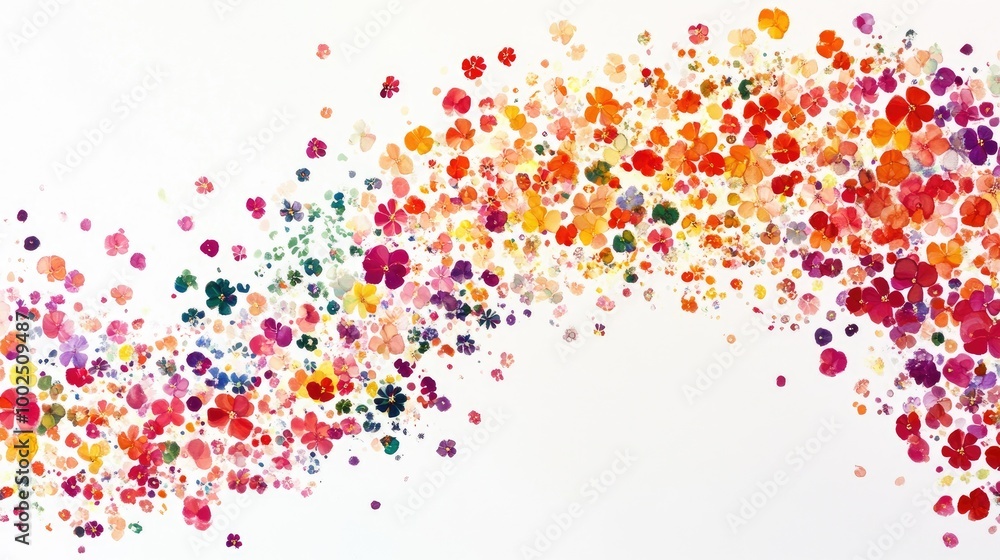 Poster swirling trails of tiny colorful flowers form an intricate abstract pattern on a white background, e
