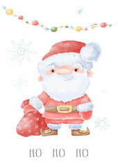 Christmas Watercolor hand drawn card Santa Claus