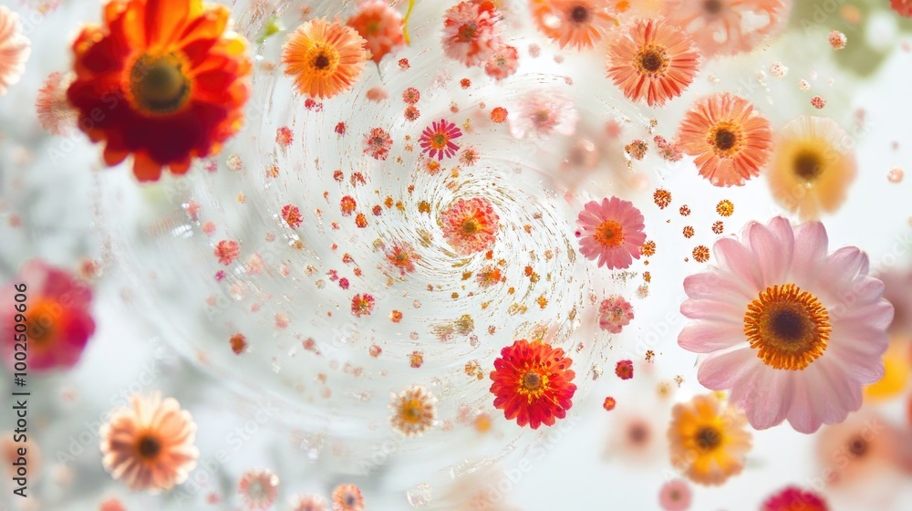 Poster swirling trails of vibrant tiny flowers create a mesmerizing abstract pattern, floating gracefully o