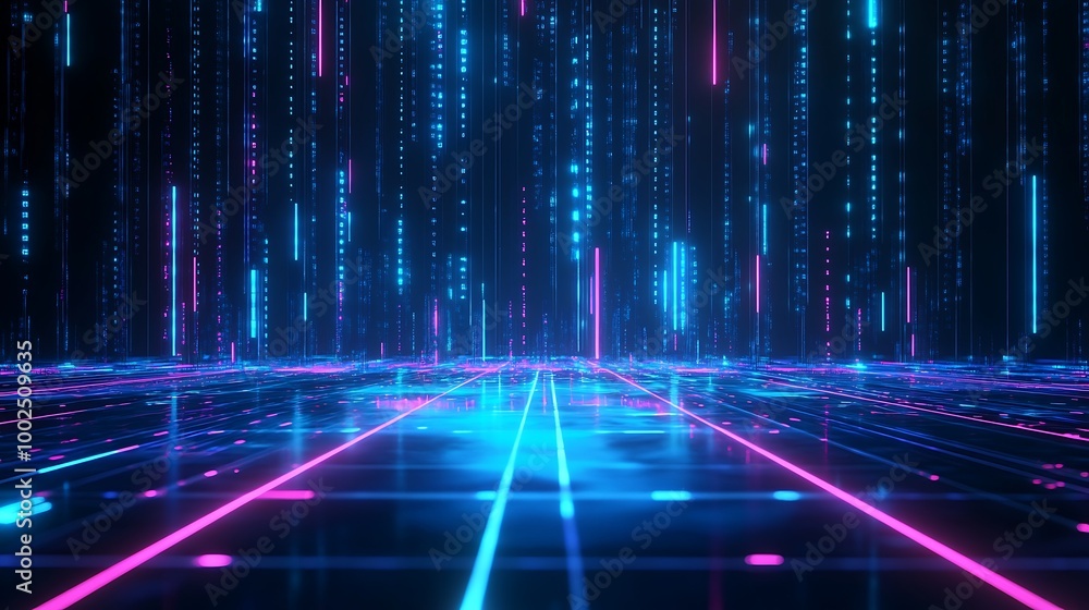 Poster futuristic neon digital grid with glowing lines and particles, creating an immersive technology land