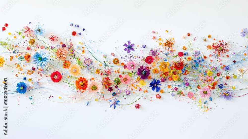 Poster tiny, colorful flowers in swirling trails form an intricate abstract pattern, set against a pure whi