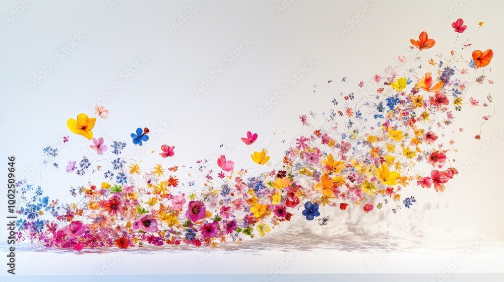 Poster tiny, colorful flowers in swirling trails form an intricate abstract pattern, set against a pure whi