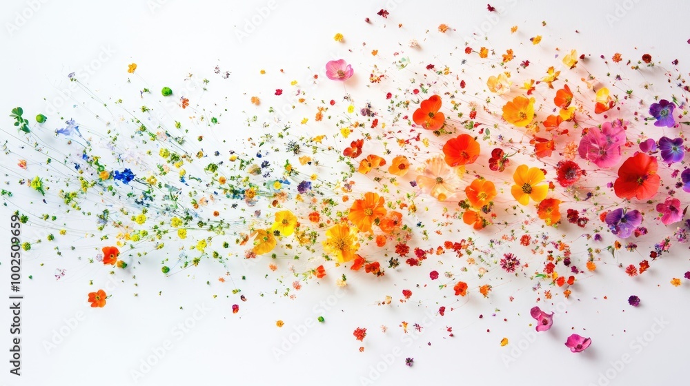 Poster tiny, colorful flowers in swirling trails form an intricate abstract pattern, set against a pure whi
