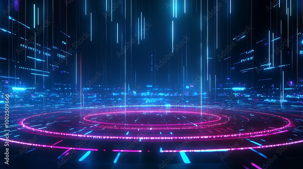 Poster futuristic neon digital landscape with glowing circles and cascading lights creating a sci-fi atmosp