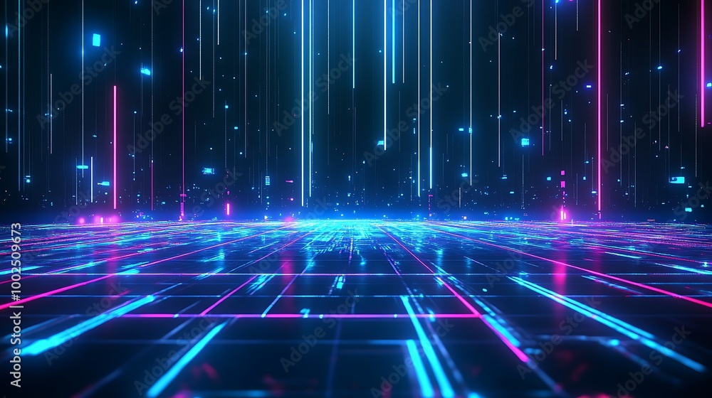 Poster futuristic neon digital landscape with glowing lines and grid pattern, creating a vibrant, immersive